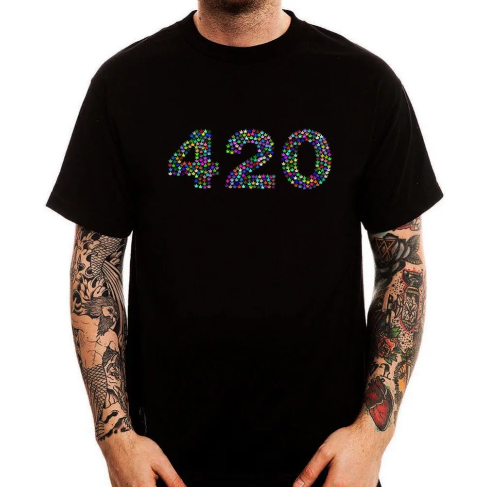 

Casual Short-Sleeved Men 420 Colorful Cannabis Glitch Hallucination Logo Printed Cotton Men'S T-Shirt Topman Casual T-Shirt