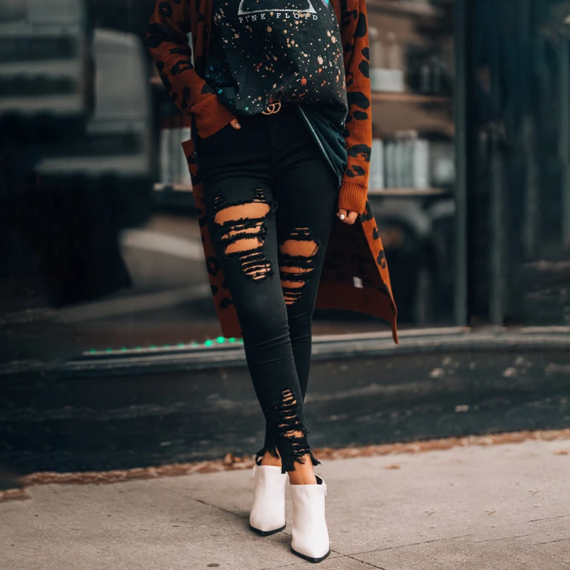 

Джинсы женские рваные с завышенной талией, уличная одежда из эластичного полиэстера, облегающие брюки из потертого денима, черные, лето-осе...