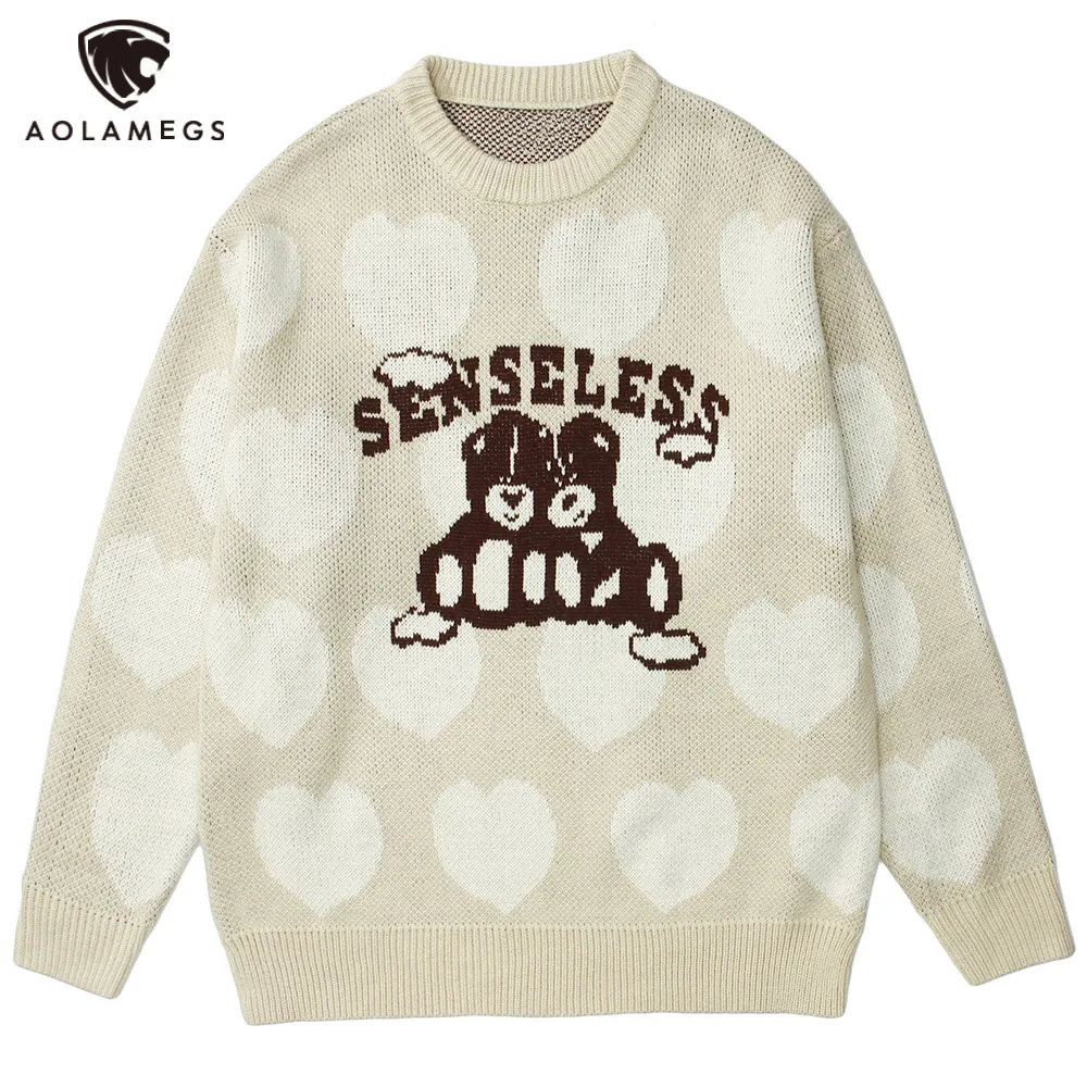 

Aolamegs Sweaters Men Cute Animal Heart-shaped Knitted O-Neck Pullovers Harajuku College Style Knitwear Hipster Cozy Streetwear