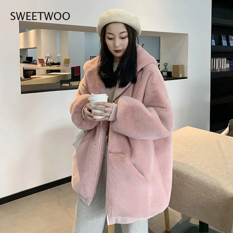 Fashion Plush coat women's winter imitation Rex Rabbit Fur grass loose medium length 2021 new hooded thickened coat