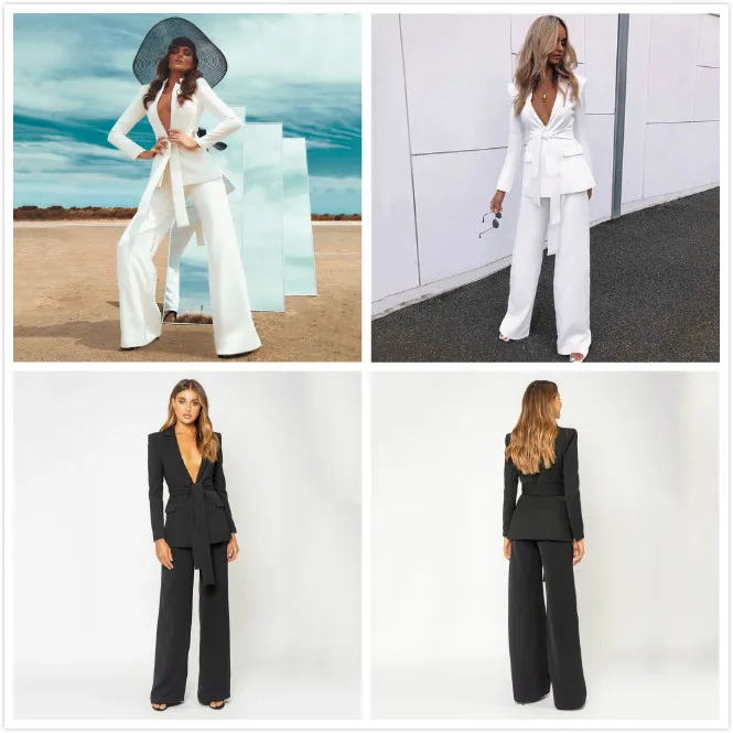 

Free Shipping 2021 Autumn New Women's OL Suit Set Sexy V-neck Long Sleeve Belt Lace-Up Blazer & Long Pants Two-piece Office Set