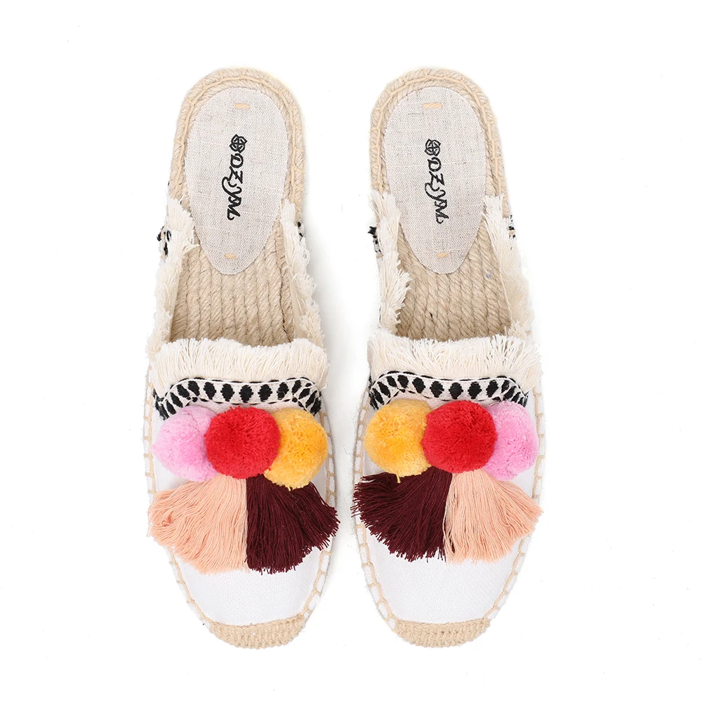 

Furry Slippers Women Rubber Hemp Colors Tienda Soludos Spring Summer Tassel Fluffy Ball Canvas Mule Shoes Espadrilles Slides