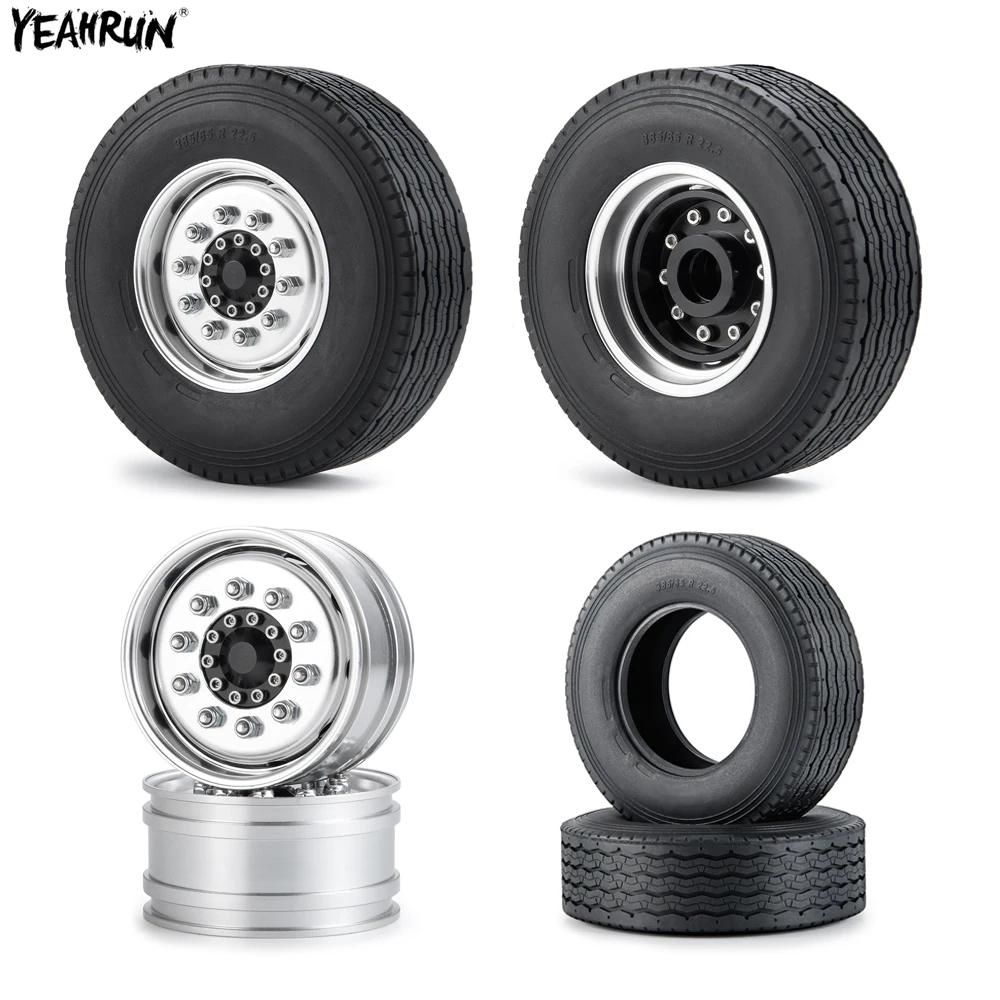 YEAHRUN Metal Beadlock Front Wheel Rims Rubber Tires Set For 1/14 Tamiya Trailer Tractor RC Truck Car Upgrade Parts