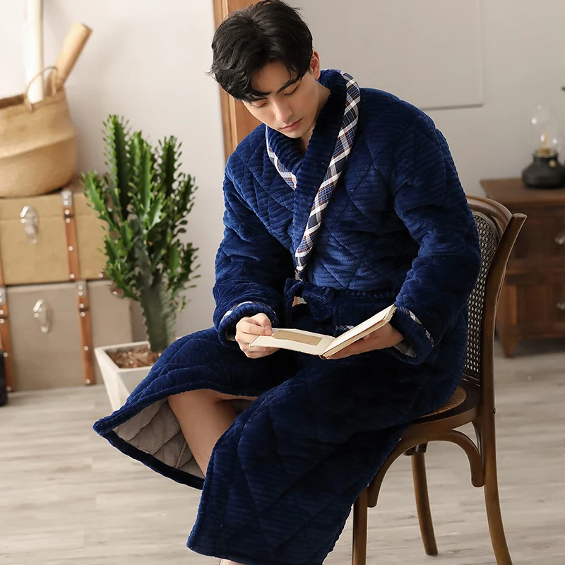 

Men Casual Kimono Bathrobe Autumn Winter Flannel Long Robe Thick Warm Sleepwear Plus Size L-3XL Nightwear Male Homewear