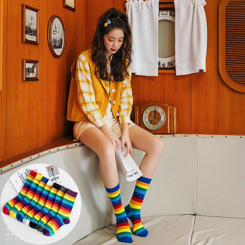 

[EIOISAPRA]New High Quality Women Creative Rainbow Socks Personality Striped Cotton Funny Socks Calcetines Mujer Cute Sock Femme