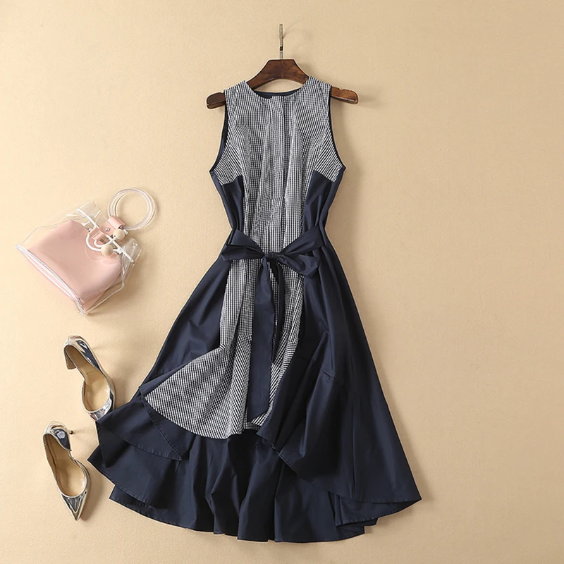 

Sale High Quality Newest Vogue Pop Designer Runway Dress Women's Sleeveless Plaid Print Patchwork Dovetail Dress