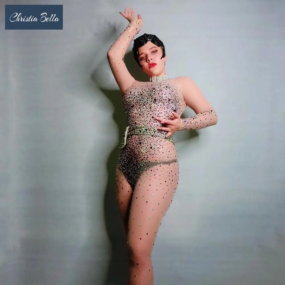 Сексуальный комбинезон телесного цвета со стразами женские Стрейчевые