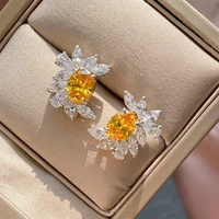 black angel prevent allergy gemstone stud earrings for women flower shaped shiny yellow zircon silver jewelry christmas gifts