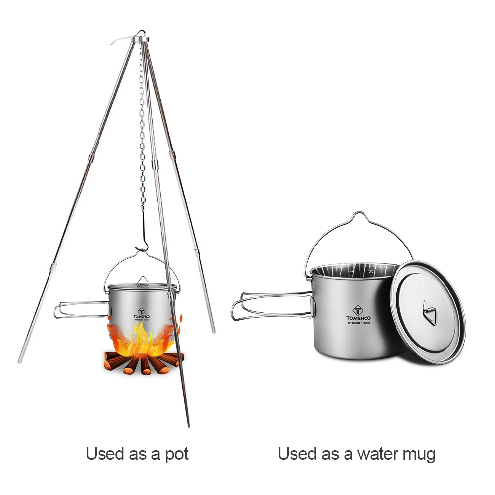 

TOMSHOO 1100ml Titanium Pot Titanium Water Mug Cup with Lid and Foldable Handle Outdoor Camping Pot Cooking Pots Picnic Hang Pot
