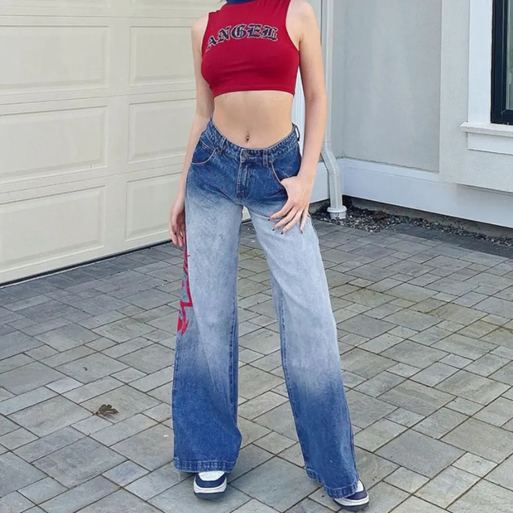 

ZOTTSOZ Streetwear Y2K Vintage Women Jeans Wash Gradient High Waist Jean Trousers Fashion 2021 Flame Print Casual Denim Pants
