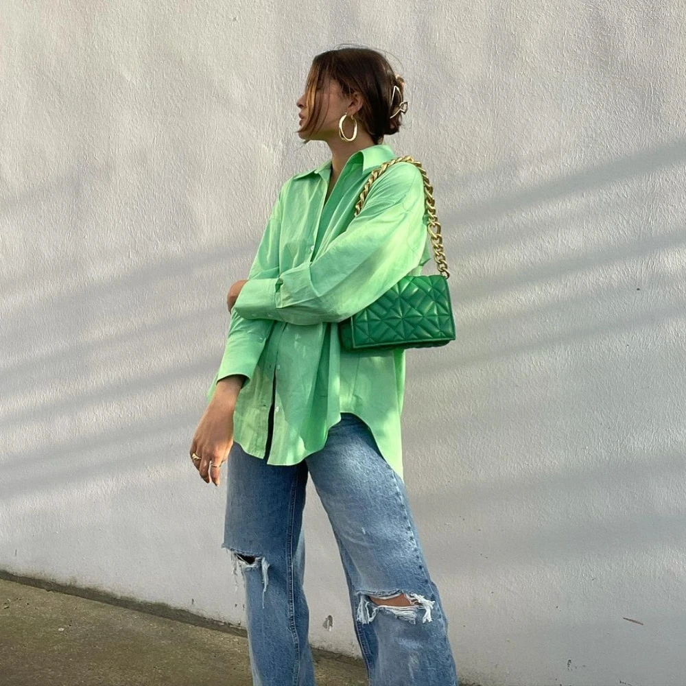 

Блузка Женская Офисная свободного покроя, хлопковый топ оверсайз, Однотонная рубашка с длинным рукавом, модная уличная одежда, зеленая, вес...