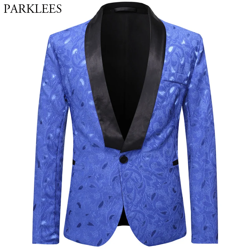 Королевский синий блейзер для мужчин жаккардовый цветочный костюм куртка с