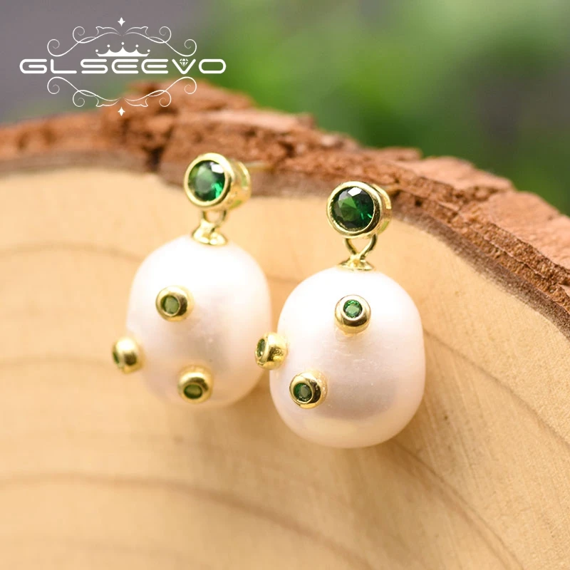 

GLSEEVO Natural Fresh Water White Pearl 925 Sterling Silver Gold Drop Earrings For Women Lovers' Fine Handmade Jewellery GE0892A