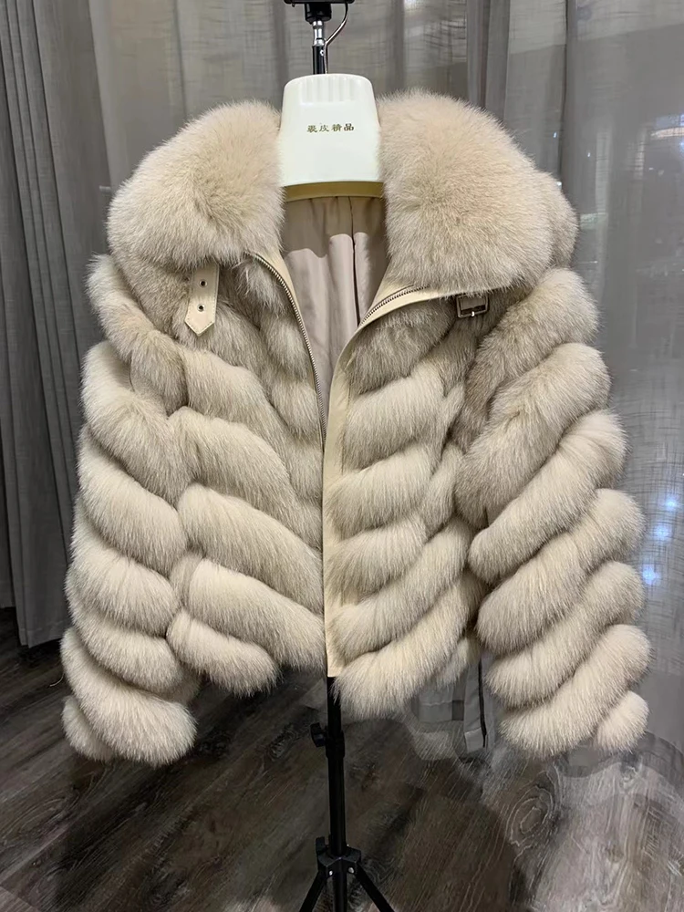 Женская утепленная шуба из натурального Лисьего меха модная теплая с воротником