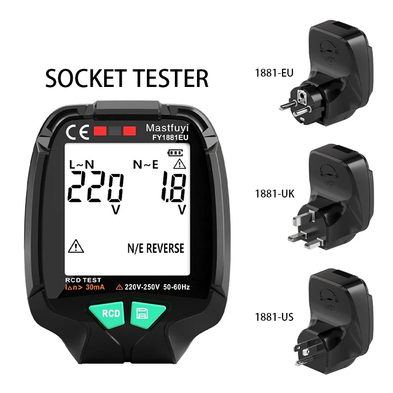 

Full Screen Socket Tester 30V-250V RCD Test High-precision Power Supply Polarity Phase Detector Earth Leakage Detector EU/US/UK
