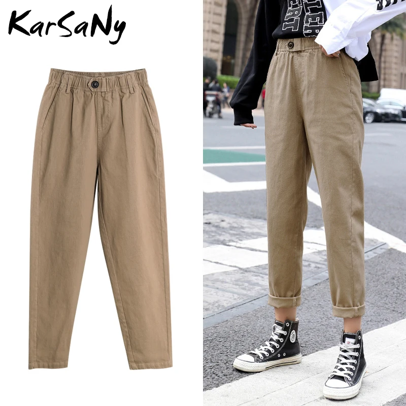 

Женские винтажные бежевые брюки KarSaNy, повседневные шаровары, хлопковые брюки-карго, уличная одежда цвета хаки, осенние брюки