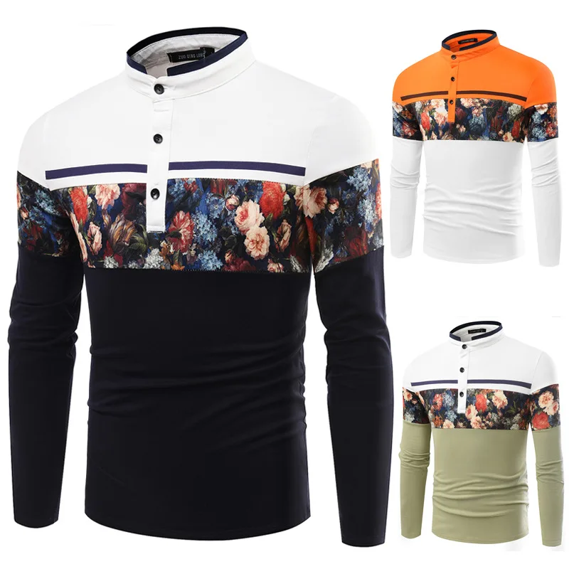

2020 новые осенние мужские вертикальными рукавами разных цветов с принтом мужские досуг длинные рукава футболка поло