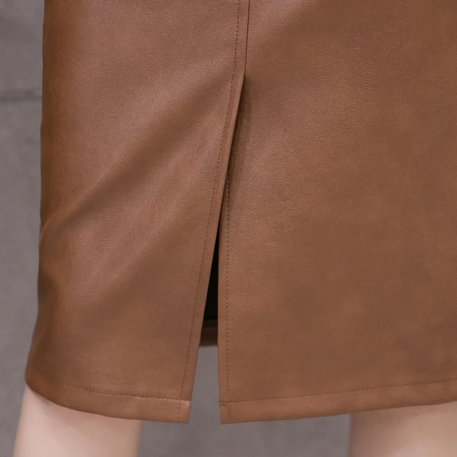 

Womens PU Leather Skirts Plus Size Womens Chic High Waist Split Skirts Female Back Zipper Belt Black Faux Leather Saia Pocket