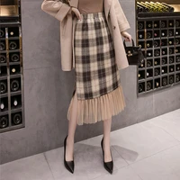 new woolen split stitching mesh gauze plaid a line long skirt versatile high waist mid length bag hip skirt