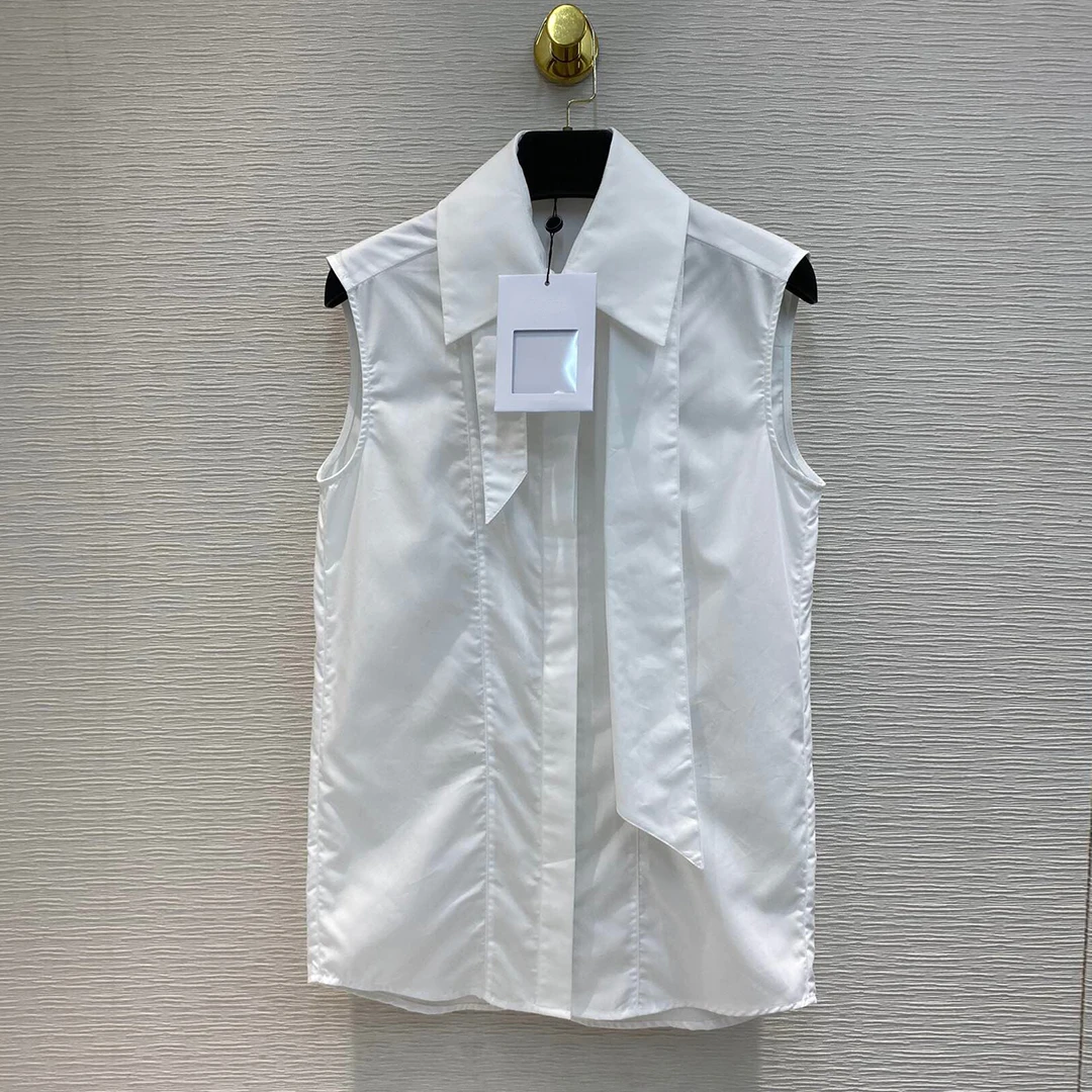 

Майка женская без рукавов, модная рубашка с лацканами и бантом, на пуговицах со стразами, Элитный бренд, белая блузка, милый летний топ для де...