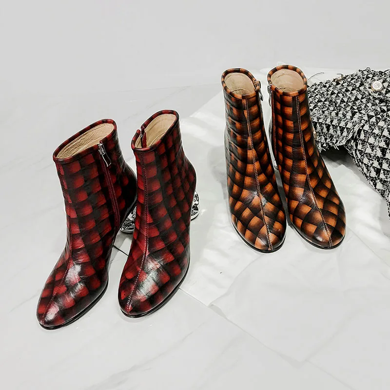 Phoentin/женские ботинки из овечьей кожи в мелкую клетку обувь на высоком каблуке с