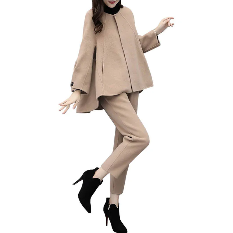 

New Women Autumn Winter Plus-sized Two-Piece Pants Long Sleeve Woolen Top Ankle-length Pants Casual Fashion Women Set