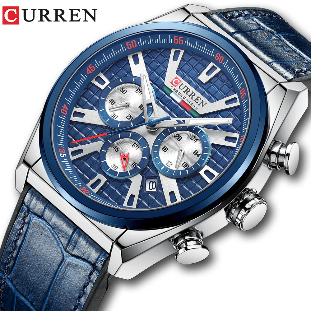 CURREN Top Brand Military Quartz Wrist Watch Casual Sport Watches For Men Blue Leather Chronograph Clock Fashion Wristwatch