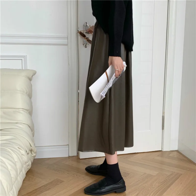

Women Pu Leather Skirts 2020 Autumn Winter New Solid High Waist Loose Vintage Mid Calf Faux Leather Skirt Faldas Mujer Black