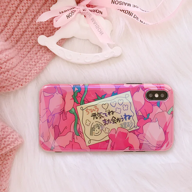 Милые японские розовые цветы для iPhone11 Pro Max XR Xs X Xsmax 6 6s 7 8 Puls Laser Blu-Ray Мягкая