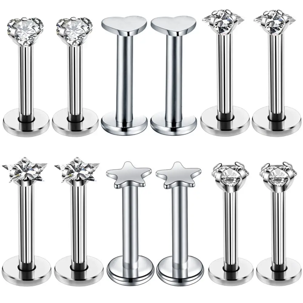 

12PCS Stainless Steel Labret Piercing 16G Lip Ring Crystal Lip Helix Piercing Tragus Earring Cartilage Stud Body Pircing Jewelry