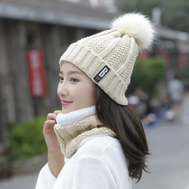 Женская и мужская зимняя шапка шарф набор вязаный теплый помпон шапочки наборы