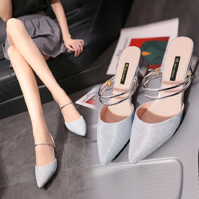 

Sexy fashion ladies high-heeled slippers summer new wild simple sequined cloth pointed mid-heel Baotou half-drag Muller shoes.