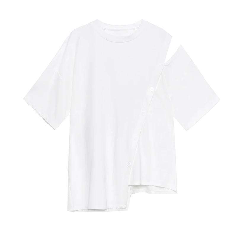 

XUXI Women Short Sleeve T-shirt Irregular Strapless Pure-Cotton Loose O-Neck T Shirt Summer 2021 E1914