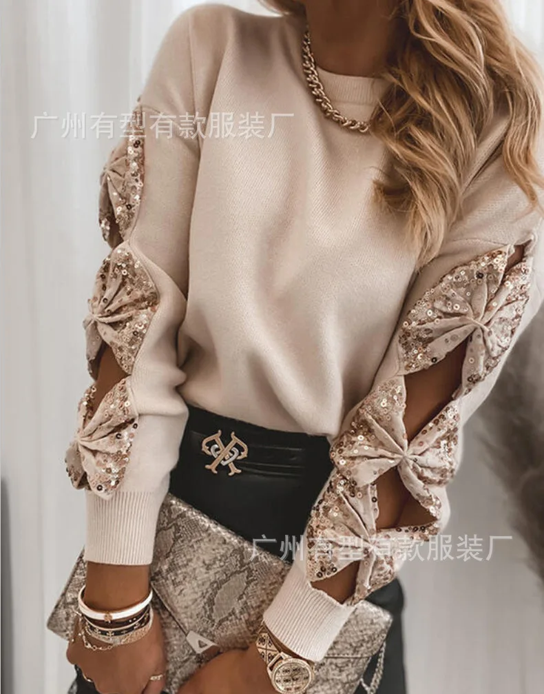

2021 Spring Hot Sale European and American Fashion Sequin Stitching Knitted Pullover Round Neck Casual Top Streetwear