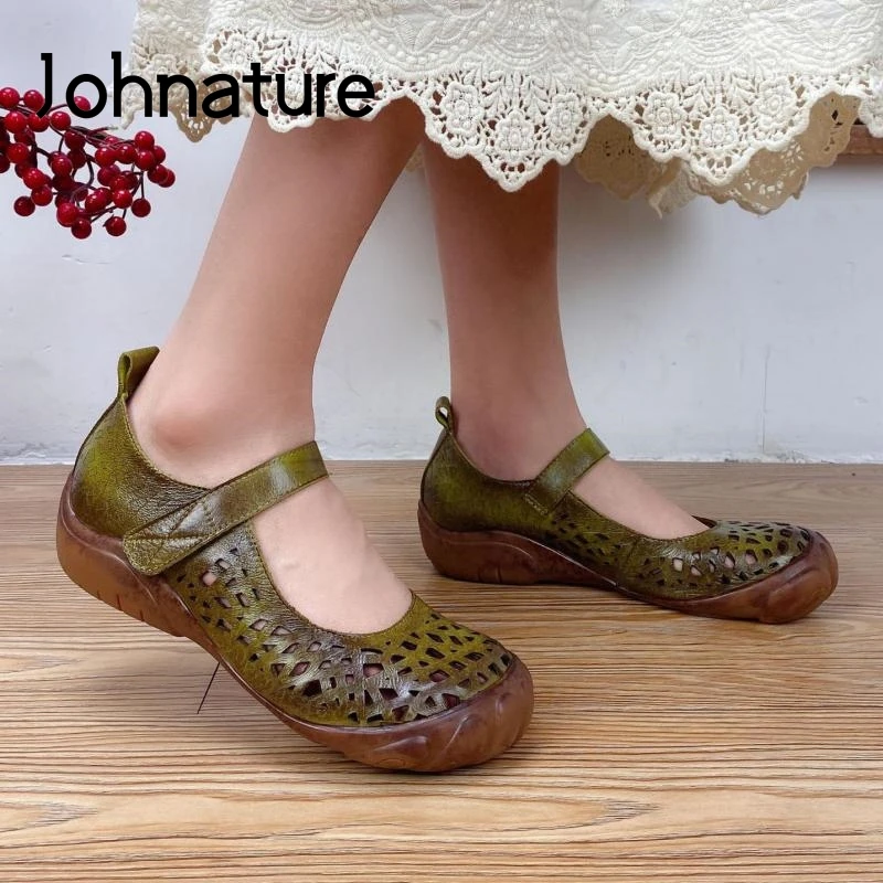 

Johnature Retro Shoes Women Sandals Genuine Leather Hook & Loop 2022 New Summer Flat With Handmade Concise Casual Ladies Sandals