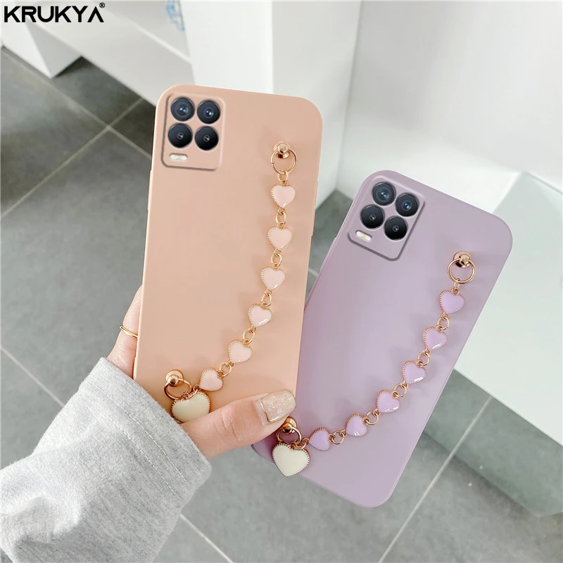Для OPPO Realmi 8 Pro 7 6 5 C11 C12 C15 C17 V5 V13 C3 C25 X7 XT X2 C21Y Силиконовый мягкий чехол 3D Love Heart Wrist Chain Phone Cover.