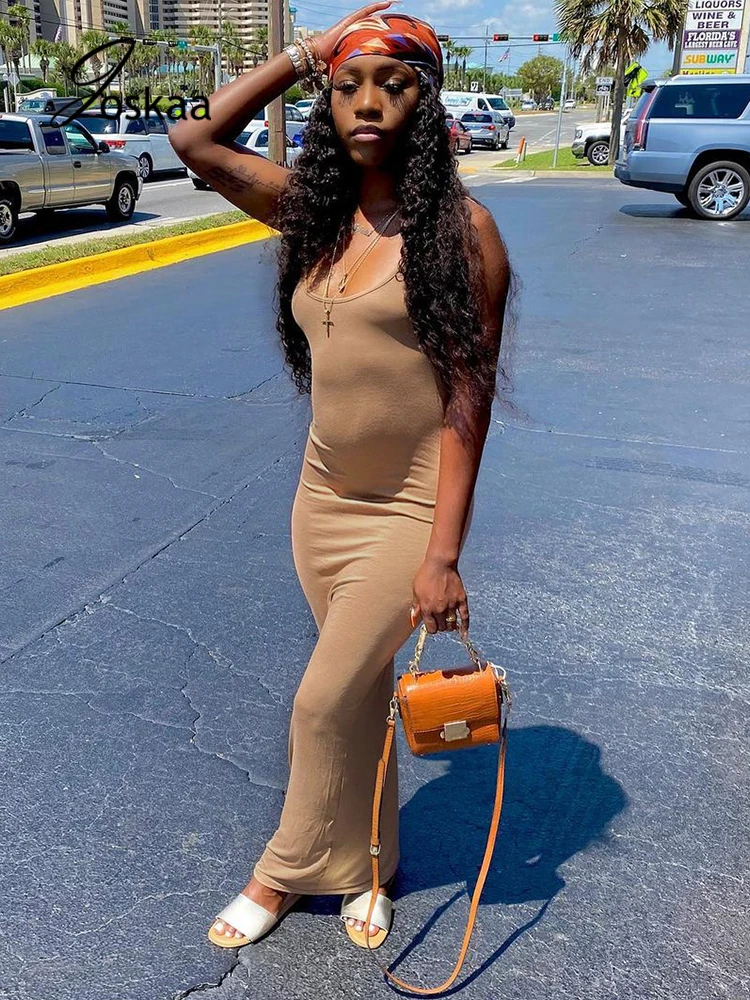 

Joskaa Backless Bodycon Casual Maxi Dresses Strap Solid Low Neck Skinny Dress Elegant Lady Sleeveless Streetwear Women Robes