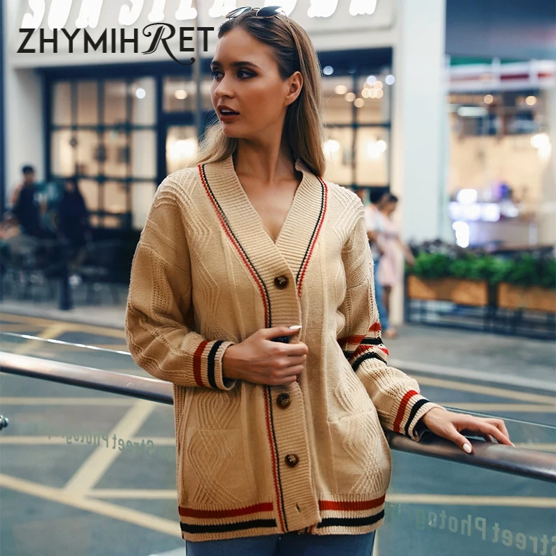 ZHYMIHRET 2019 осень зима V образным вырезом кардиган Для женщин полосатые Однобортный