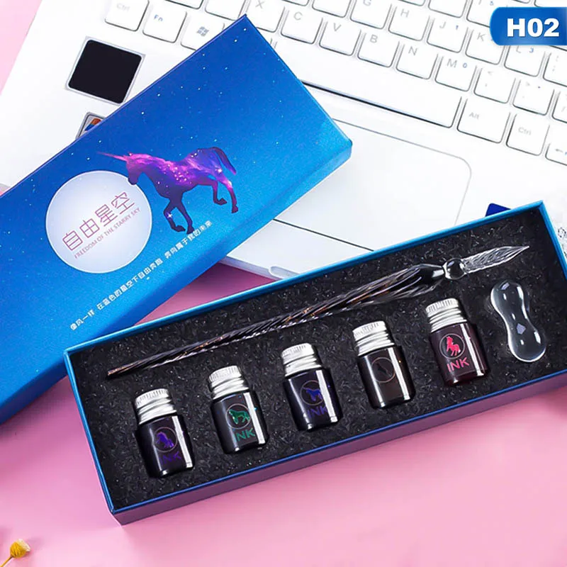 

Creative Star Dip Pen Crystal Glass Pen with Water and Ink Pen Student Starry Gradient Color Hand-painted Pen Ink Set Gift