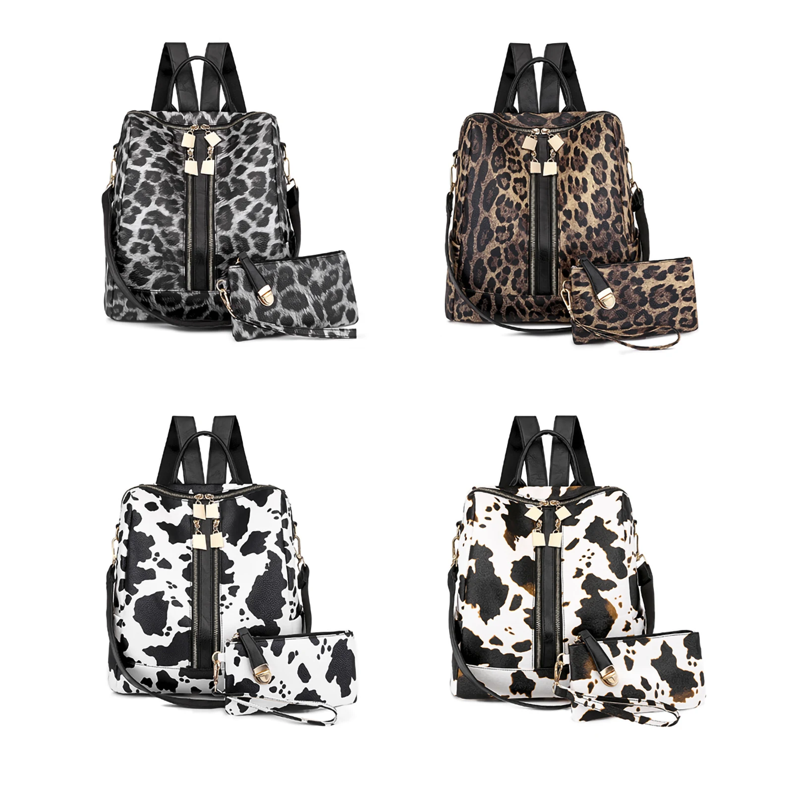 

Женский рюкзак, повседневная сумка, ежедневный рюкзак двойного назначения с леопардовым/коровьим принтом, сумка через плечо + сумка с принт...
