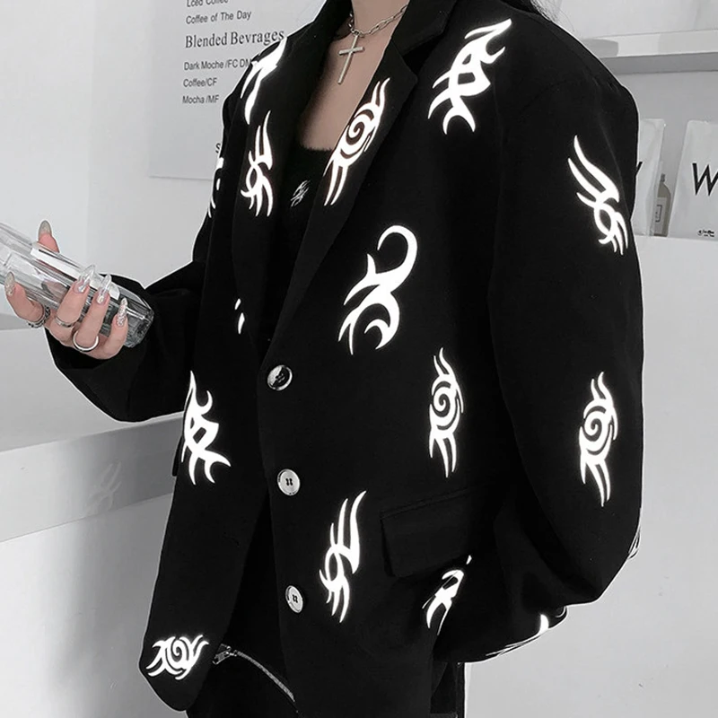 

Reflective Night Lighting Graphic Print Black Gothic Blazer Jacket Harajuku fashion DJ Show Ins.Pop Dance Costume Fluorescence