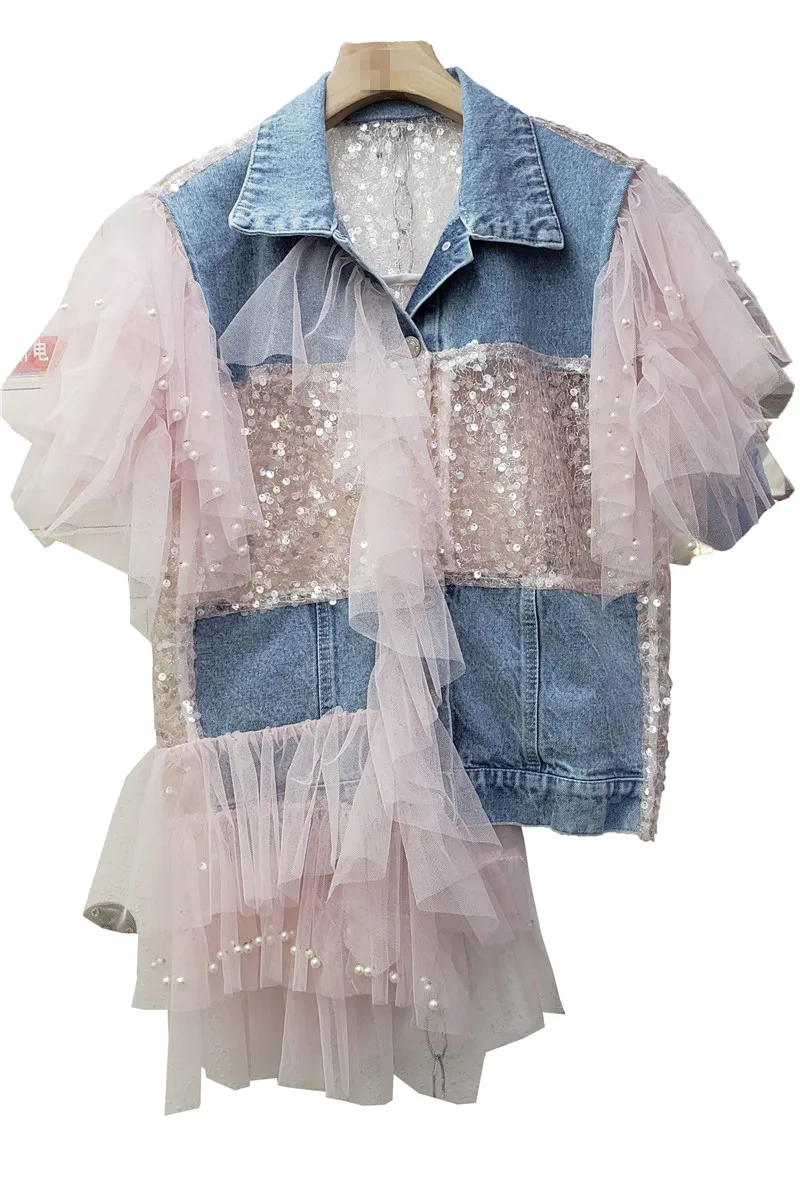

2021 Summer New Women's Clothing Fashionable Lace Stitching Denim Vest Coat Female Short Sleeve Polo Collar Casual Shirt