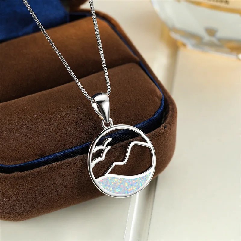 

Boho Female Opal Stone Pendant Necklace Rose Gold Silver Color Chain Necklaces For Women Cute Round Hollow Wave Wedding Necklace