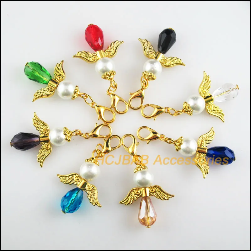 

8Pcs Gold Color Retro Mixed Teardrop Crystal 23x29.5mm Angel With Lobster Claw Clasps Charms