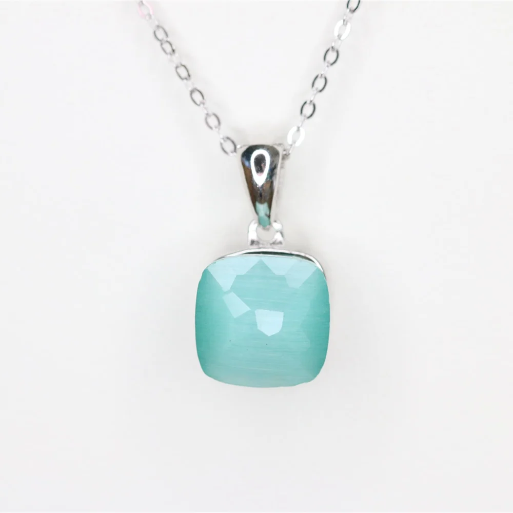 Pendant Silver 925 Square Colorful Cat Eye Opal Pink Blue White Candy Stone Necklace Hot Jewelry for Women and Girls |