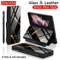 plating tempered glass pen slot flip leather case for samsung galaxy z fold 3 stylus socket protection cover for samsung z fold3