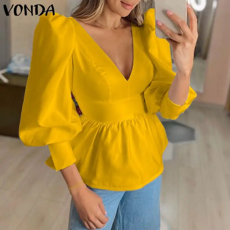 

Office Shirts 2022 Sexy V Neck 3/4 Sleeve Elegant Blouse VONDA Women Solid Office Formal Bohemian Party Blusas Oversized Tops