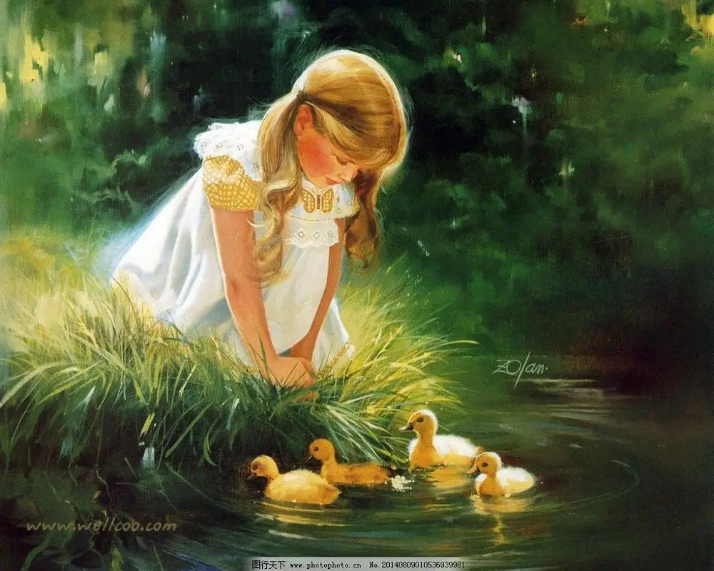 Ручная роспись милая маленькая девочка и желтые утки дикая природа джунглей
