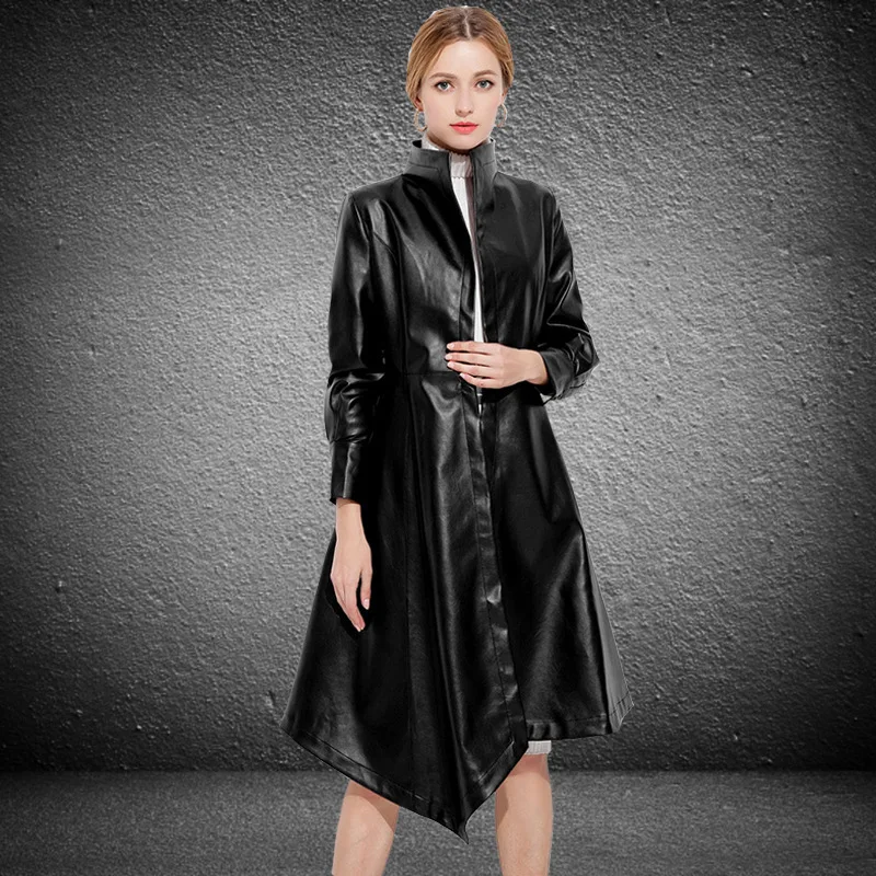 Женская Черная Куртка из искусственной кожи Длинная тонкая ветровка с поясом