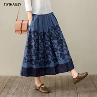 tiyihailey free shipping 2020 new vintage long maxi a line skirts women elastic waist spring summer linen blue print skirts